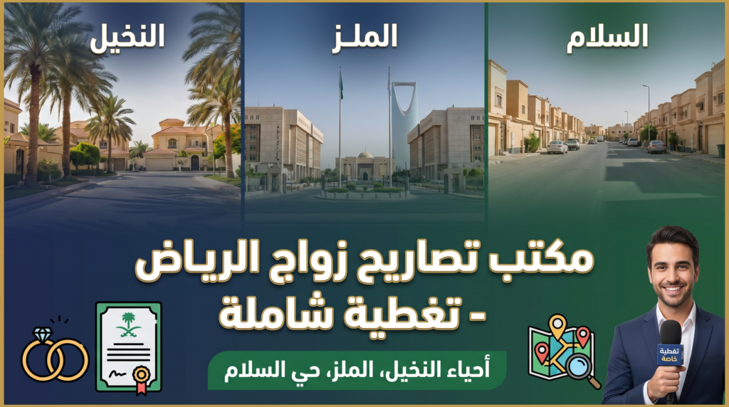 واجهة مكتب تصاريح زواج الرياض مع أوراق رسمية وخريطة لأحياء الرياض.
